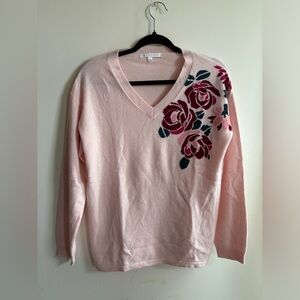 Lemonwood Wool-Cashmere Pink Floral V-neck Pullover Sweater Size Small